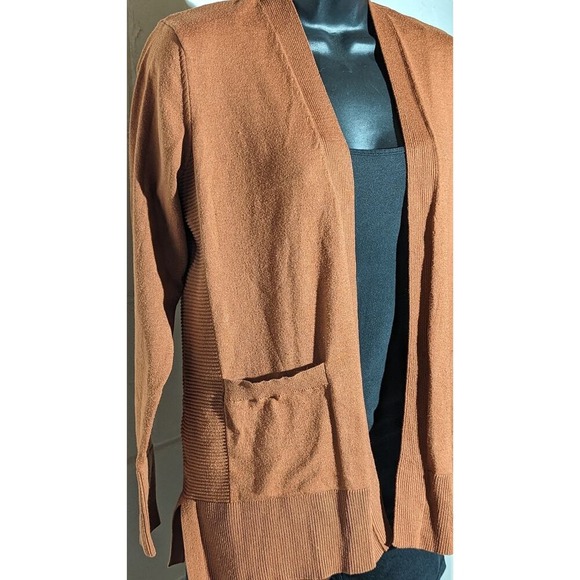 Time and Tru Open Front Cardigan Sweater Pockets Knit Copper Brown Casual Small - Picture 3 of 5